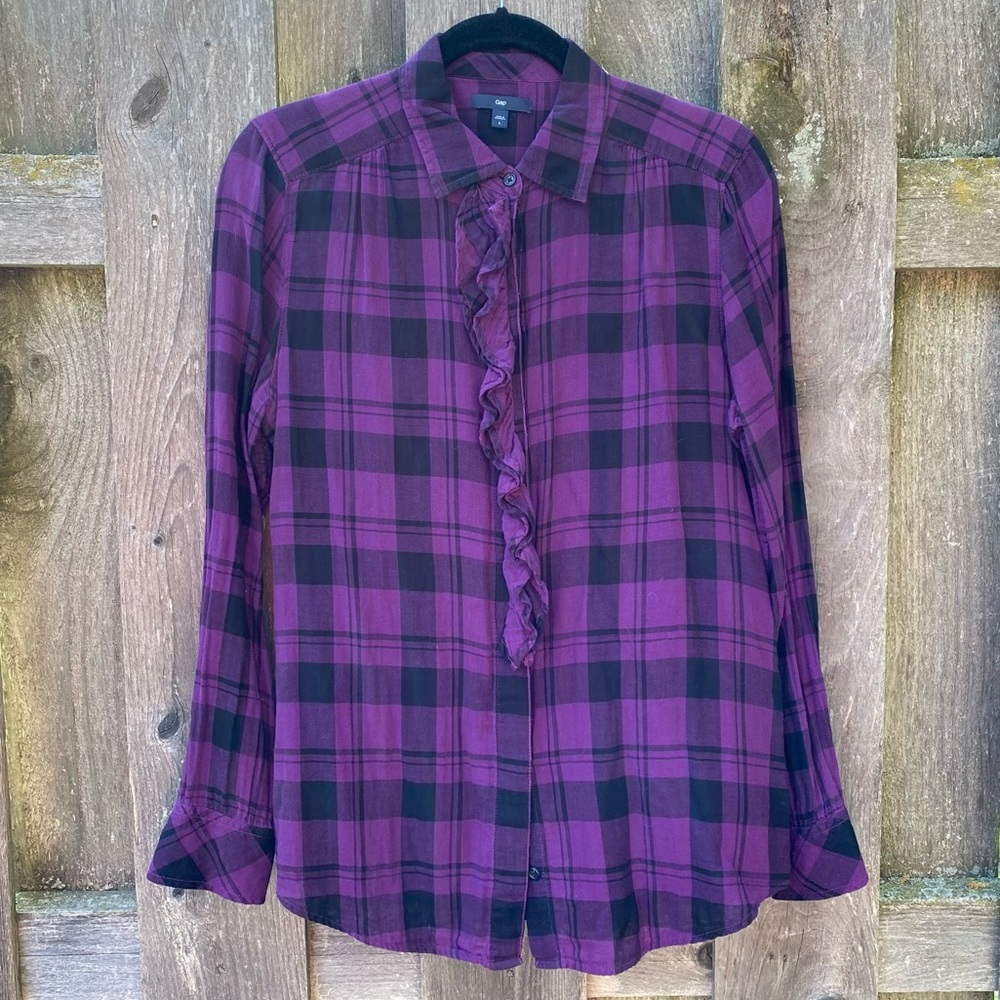 Purple and black plaid ruffle front cotton shirt